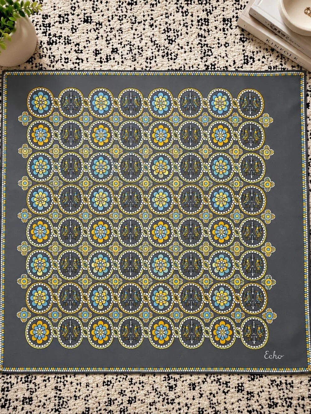 Vintage Echo 100% Silk Scarf Gray Blue Yellow Floral Bird Medallion Retro CC
